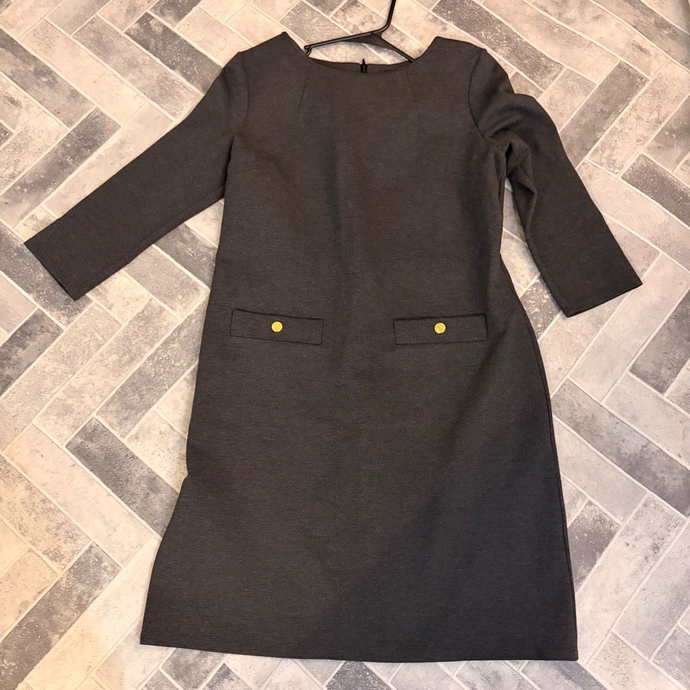 Jude Connally Shift Dress Womens Medium Gray  Gold Button 3/4 Sleeve WORK